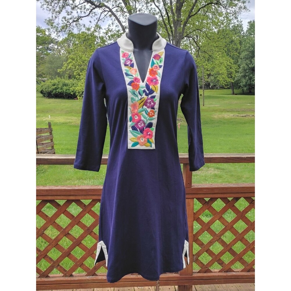 Spartina 449 Navy Blue V-Neck Tunic Shift Dress with Floral Embroidery Size XS